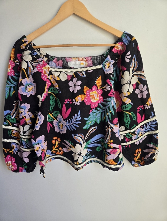C&C California Tops - C&C CALIFORNIA Black Floral Linen Boho Blouse